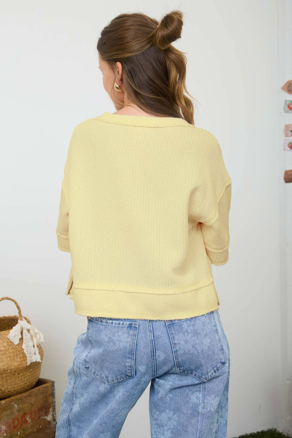Raw Edge Henley Waffle Knit Top