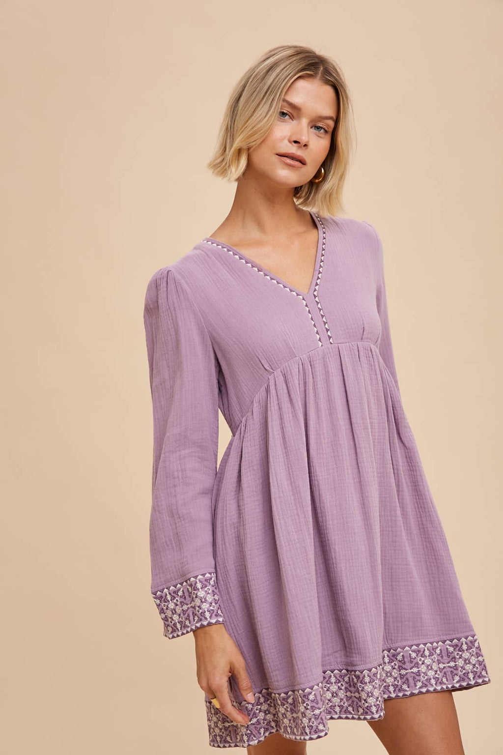 Bell Sleeve Embroidered V Neck Dress