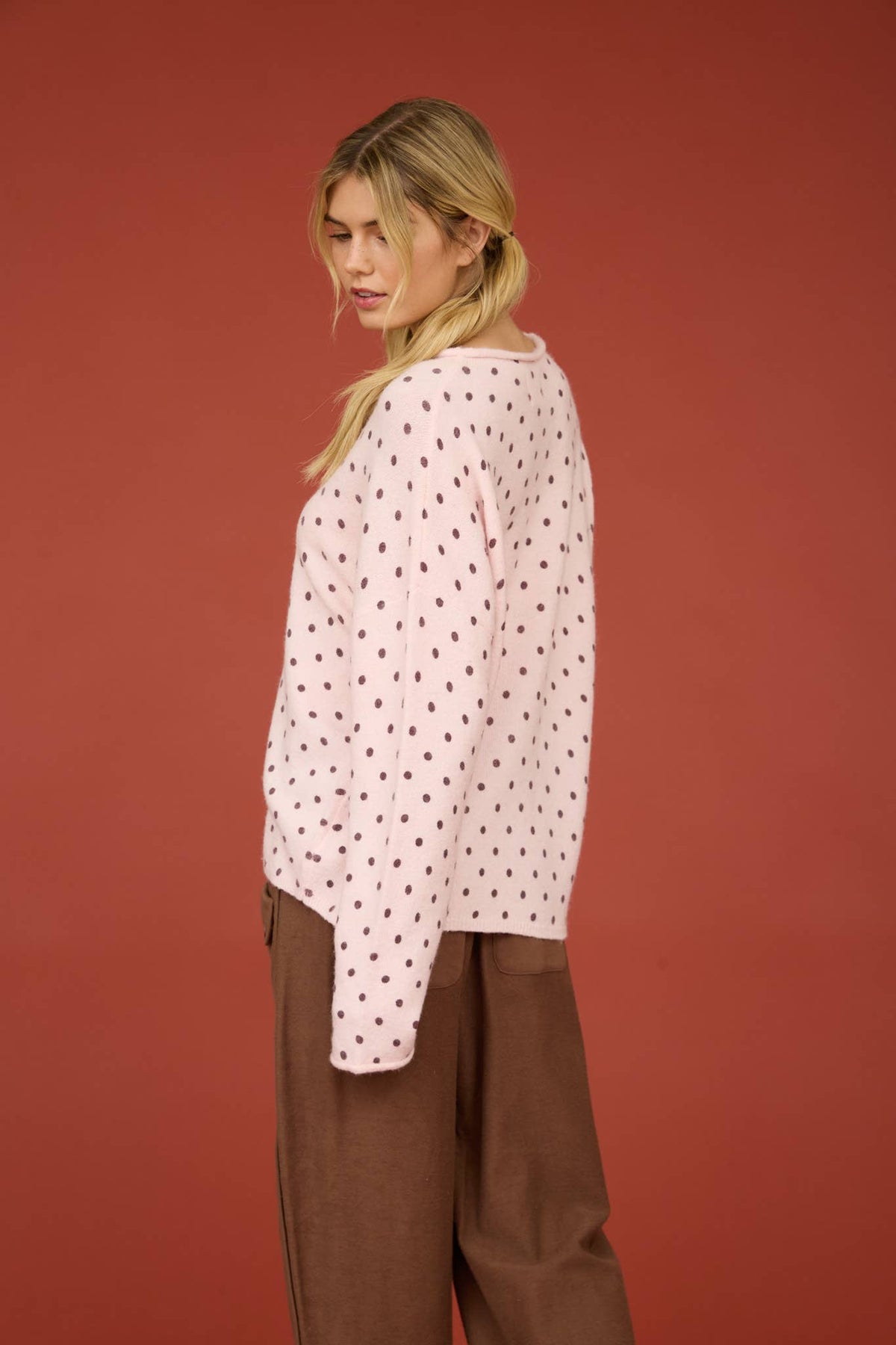 Blush Polka Dot Raw Edge Knit Cardigan