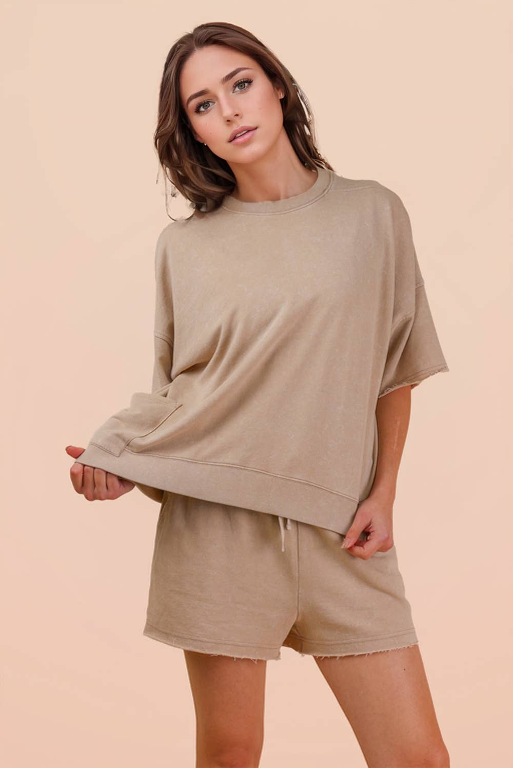 Mineral Washed Knit Casual Top & Shorts PLUS