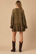 Floral Embroidered Long Sleeve Tassel Dress