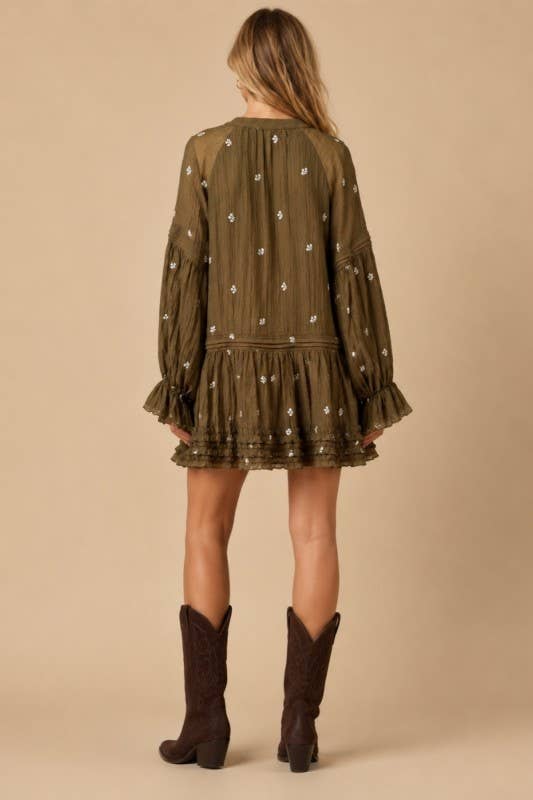 Floral Embroidered Long Sleeve Tassel Dress