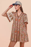 Shirring Detail Printed Woven Mini Dress