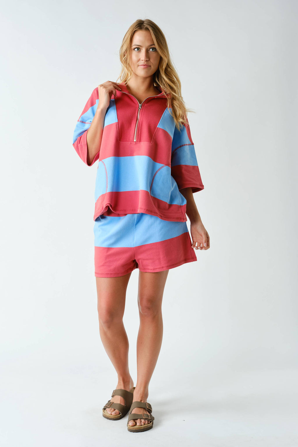 Striped Half-Zip Shorts Set