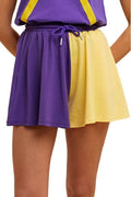 Purple and Yellow Color Block French Terry Flare Shorts