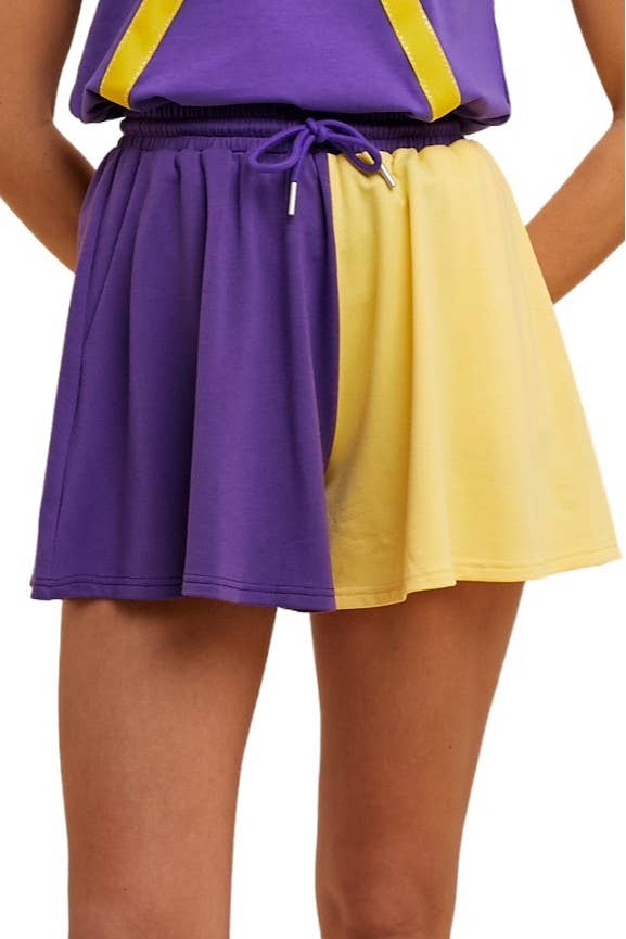 Purple and Yellow Color Block French Terry Flare Shorts