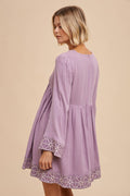 Bell Sleeve Embroidered V Neck Dress