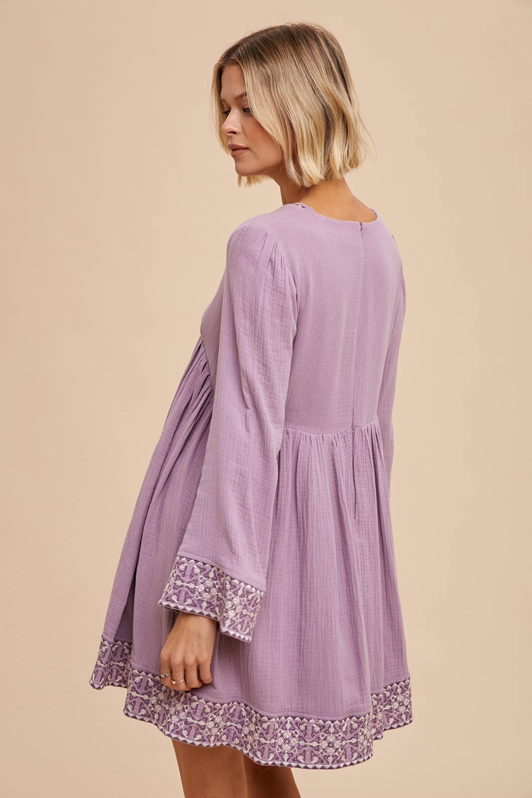 Bell Sleeve Embroidered V Neck Dress