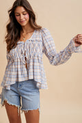 Plaid Ruching Detail Hi-lo Hem Blouse With Tie