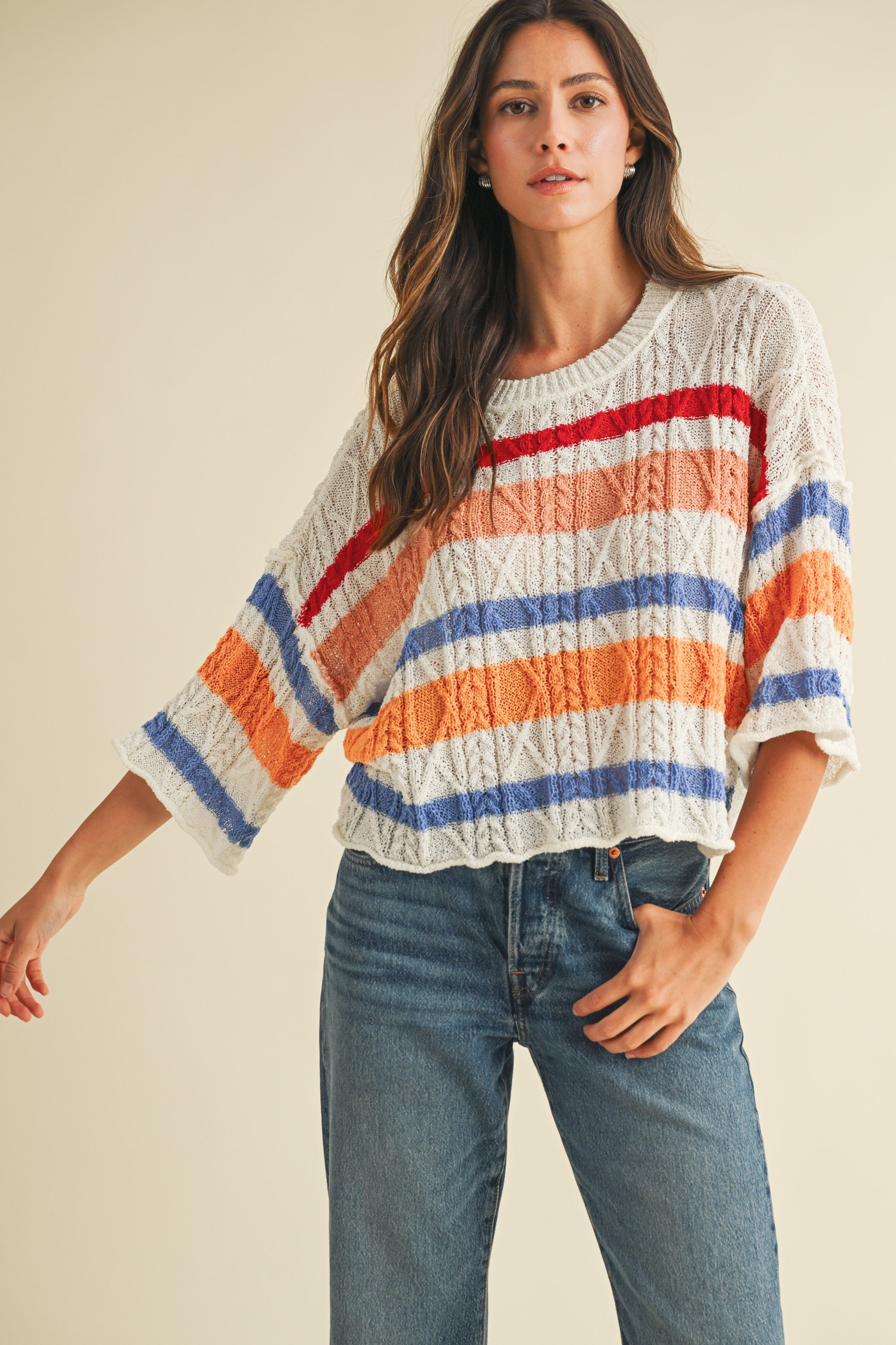Multi Stripe Cable Textured Sweater Top