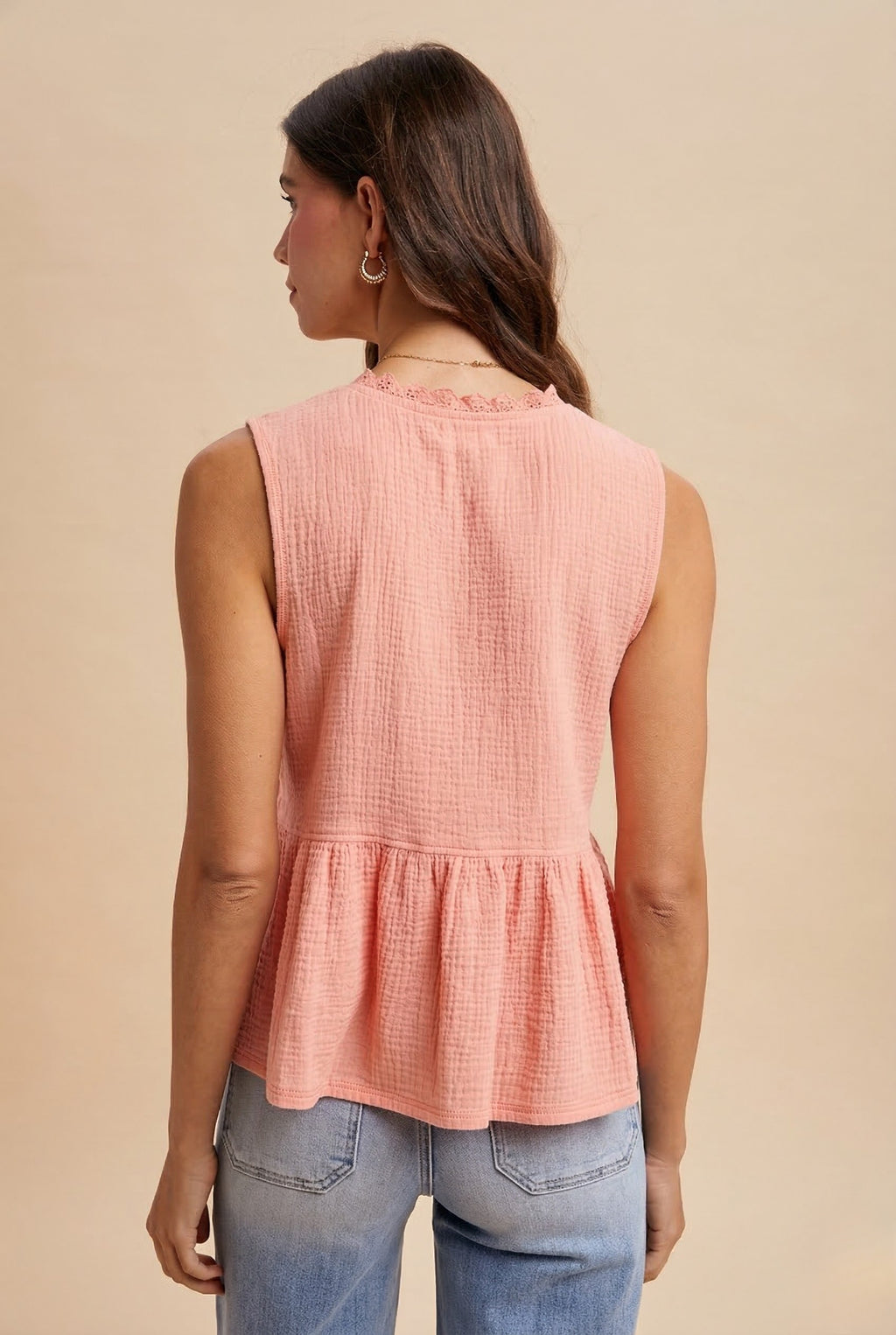 Sleeveless Button Front Top With Lace Trim