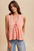 Sleeveless Button Front Top With Lace Trim