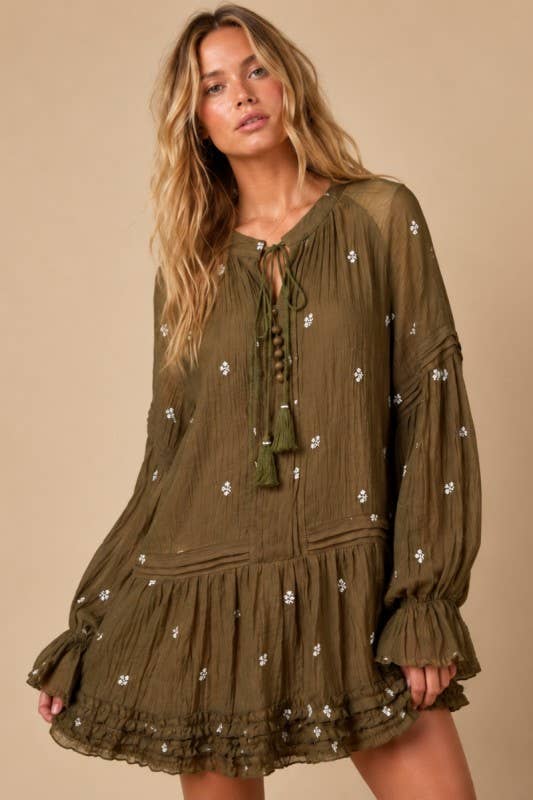 Floral Embroidered Long Sleeve Tassel Dress