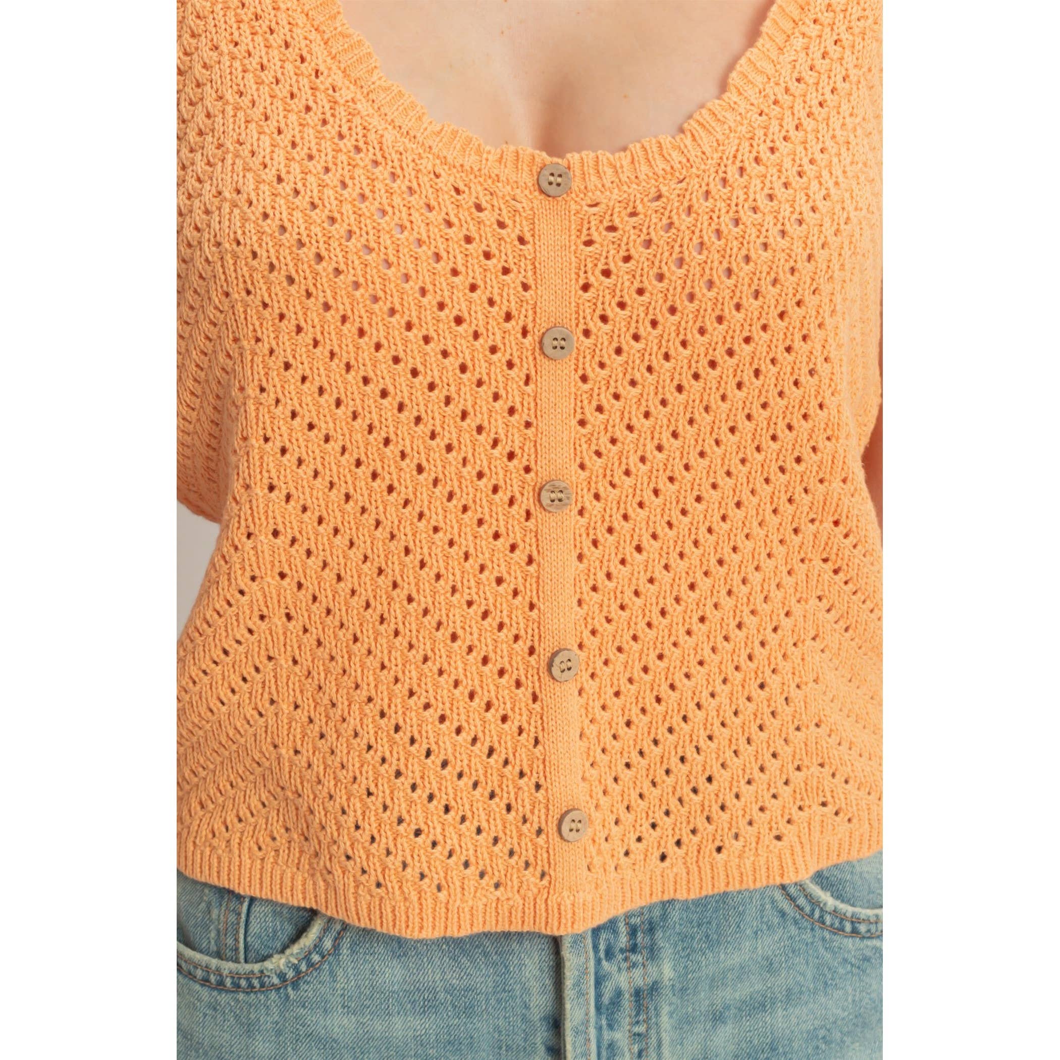 Open Knit Scallop Edge Button Front Tank Top