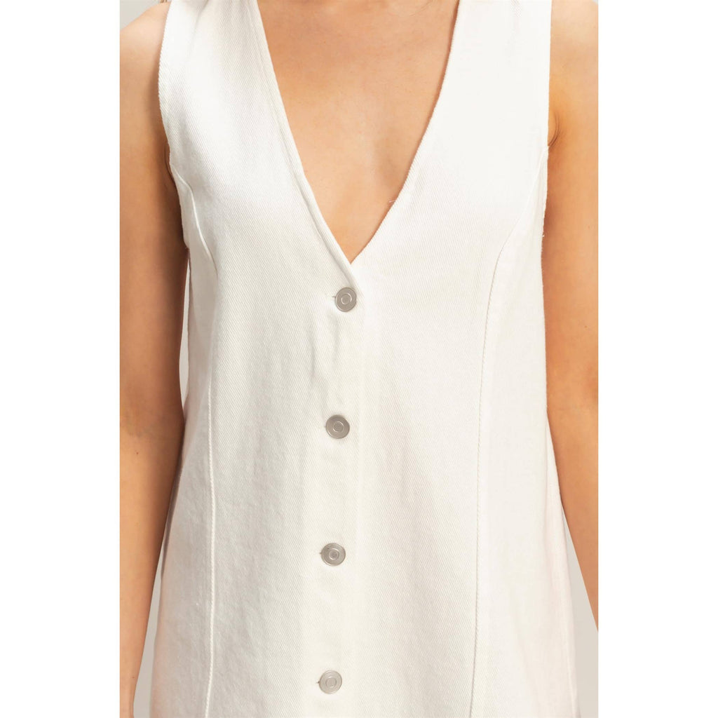 Button-Front White Denim Dress