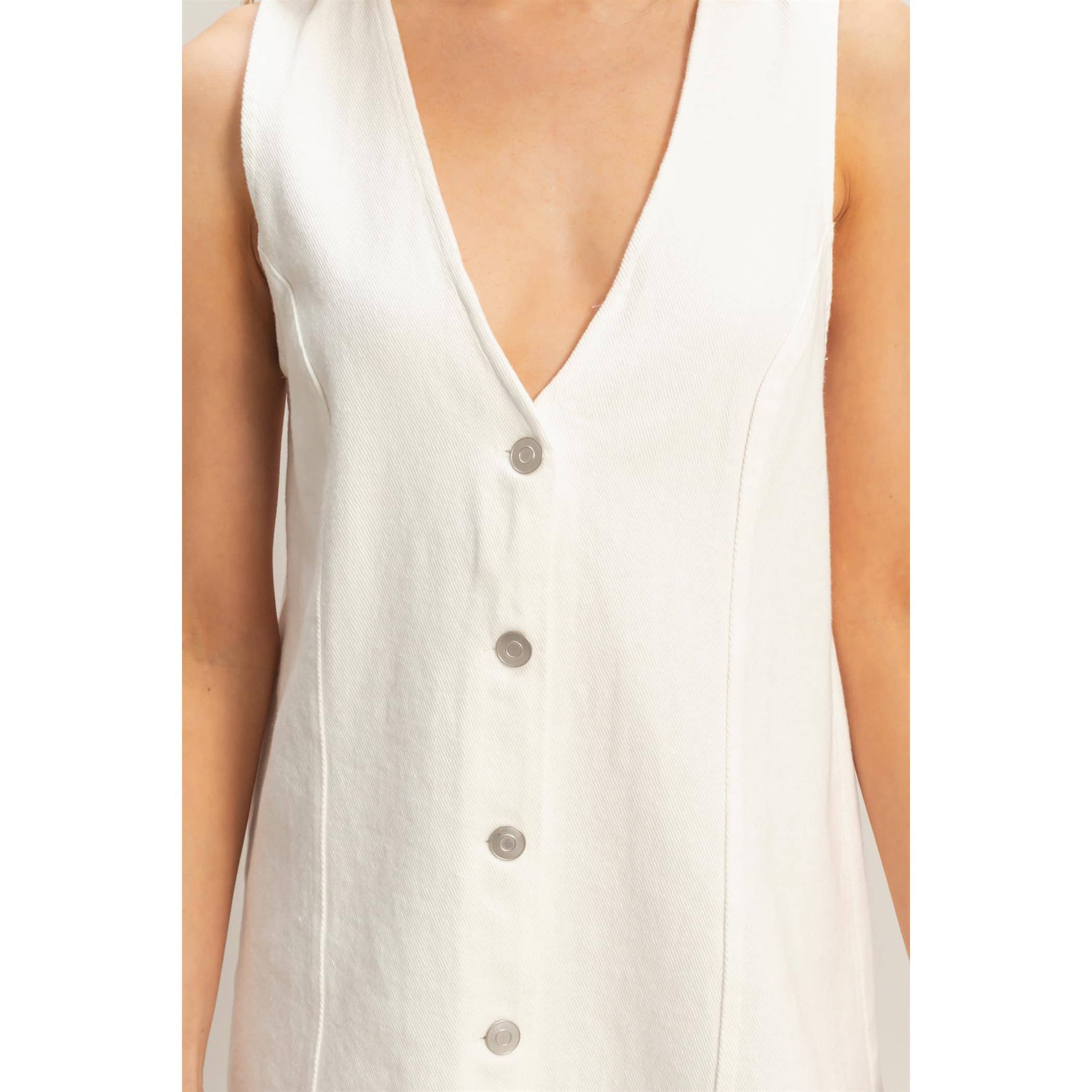 Button-Front White Denim Dress