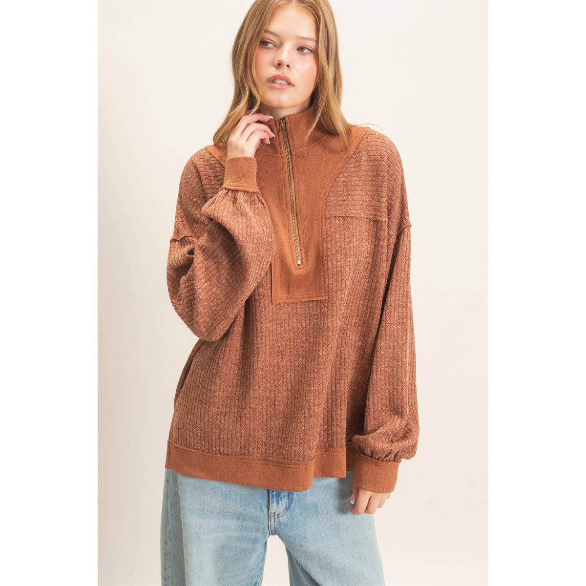 Ribbed Knit Half-Zip Pullover