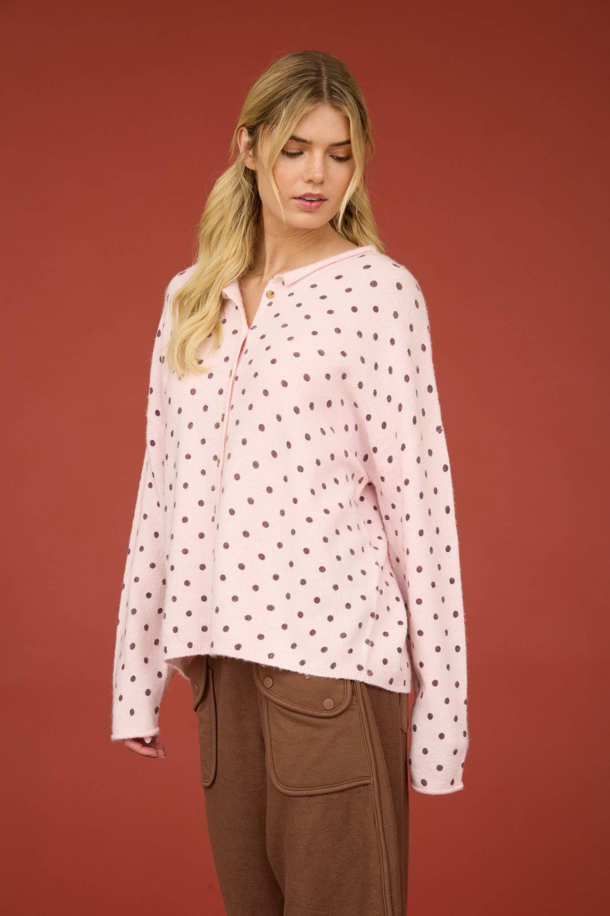 Blush Polka Dot Raw Edge Knit Cardigan