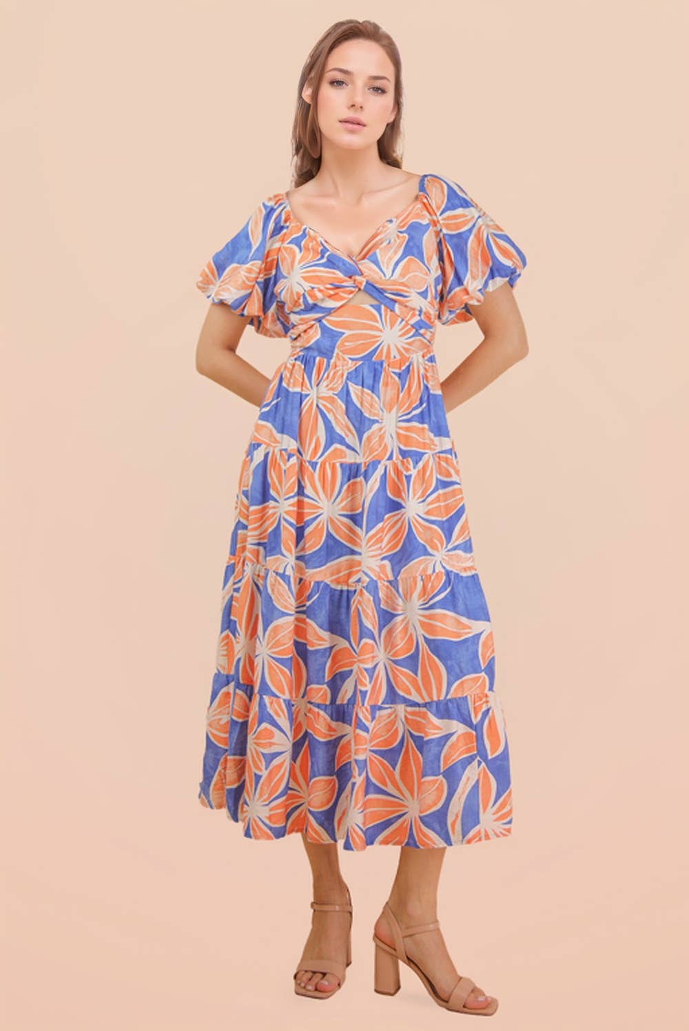 Floral Printed Puff Sleeve Resort Midi Dress