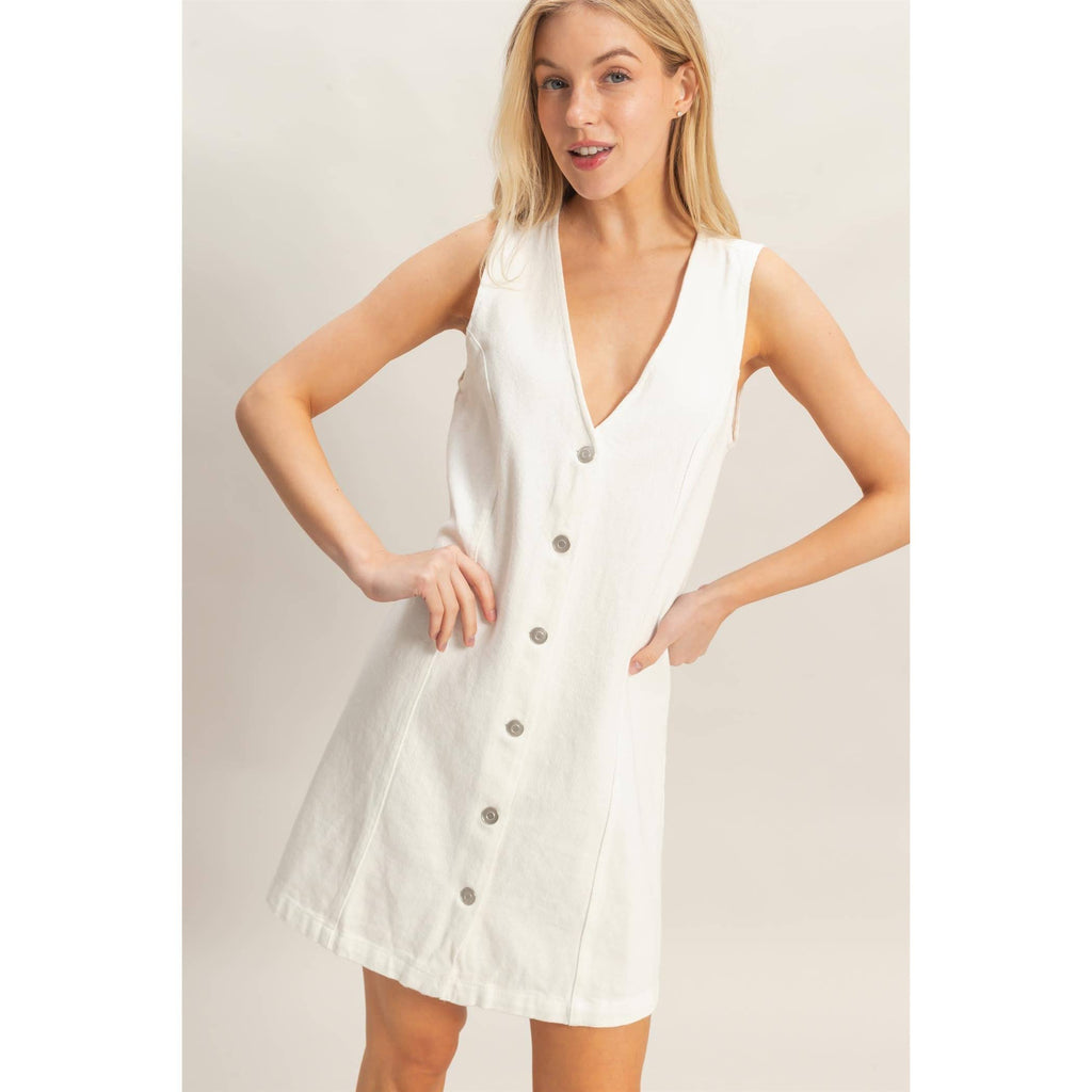 Button-Front White Denim Dress