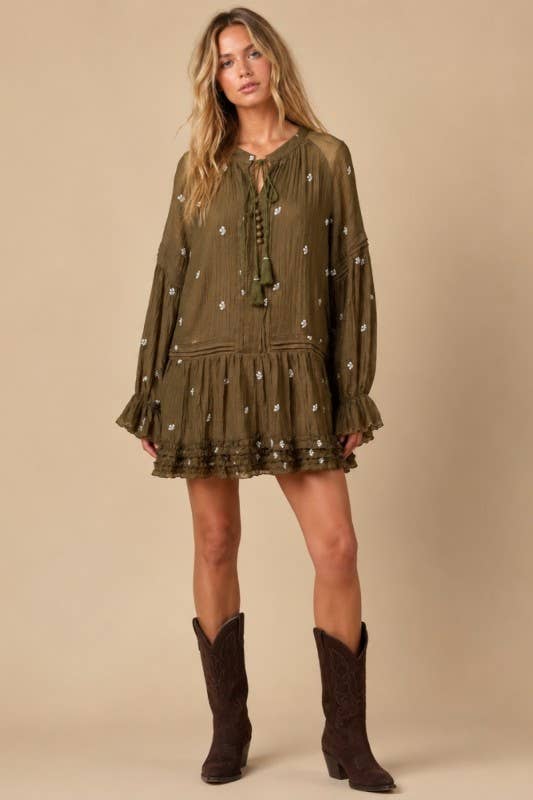 Floral Embroidered Long Sleeve Tassel Dress