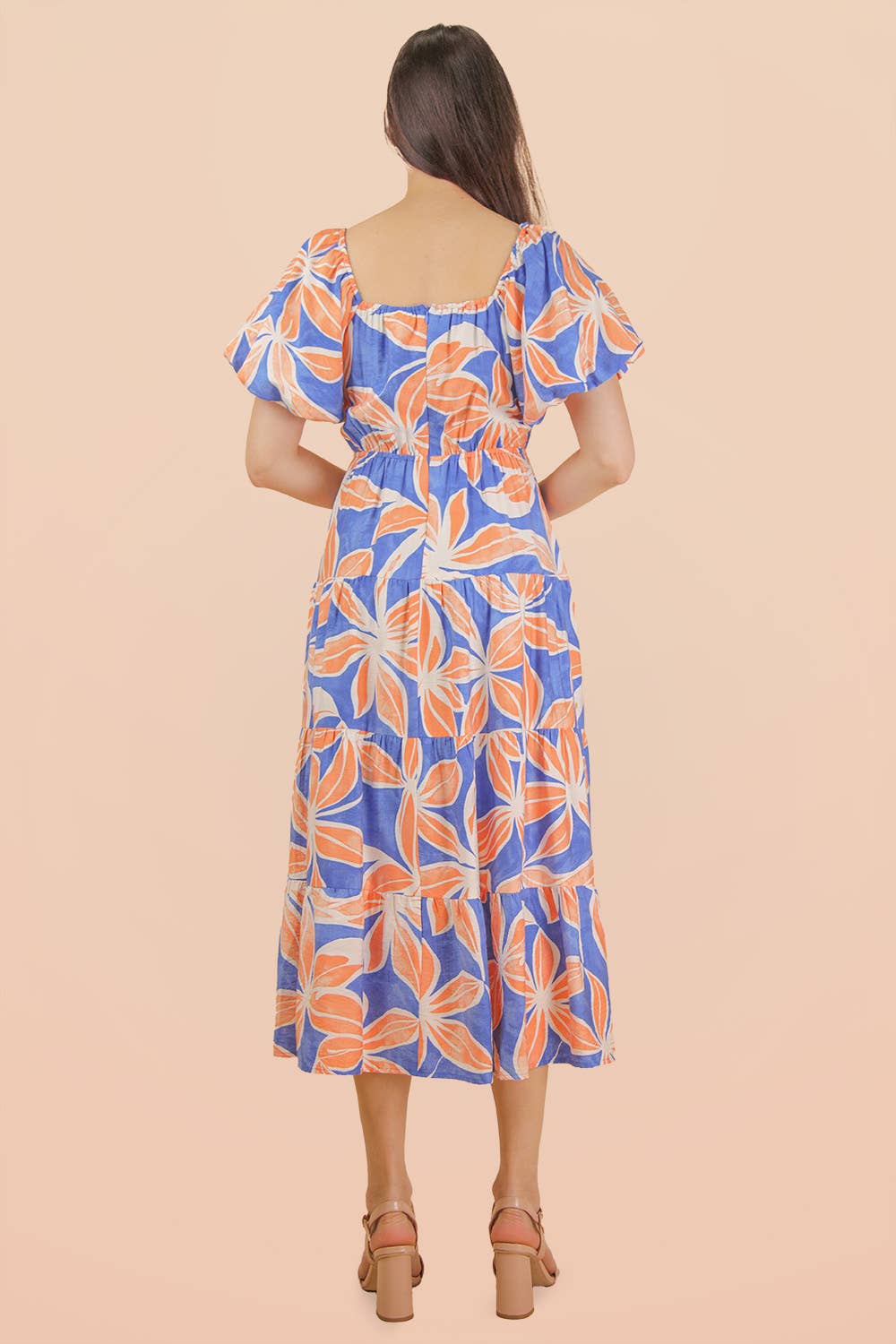 Floral Printed Puff Sleeve Resort Midi Dress