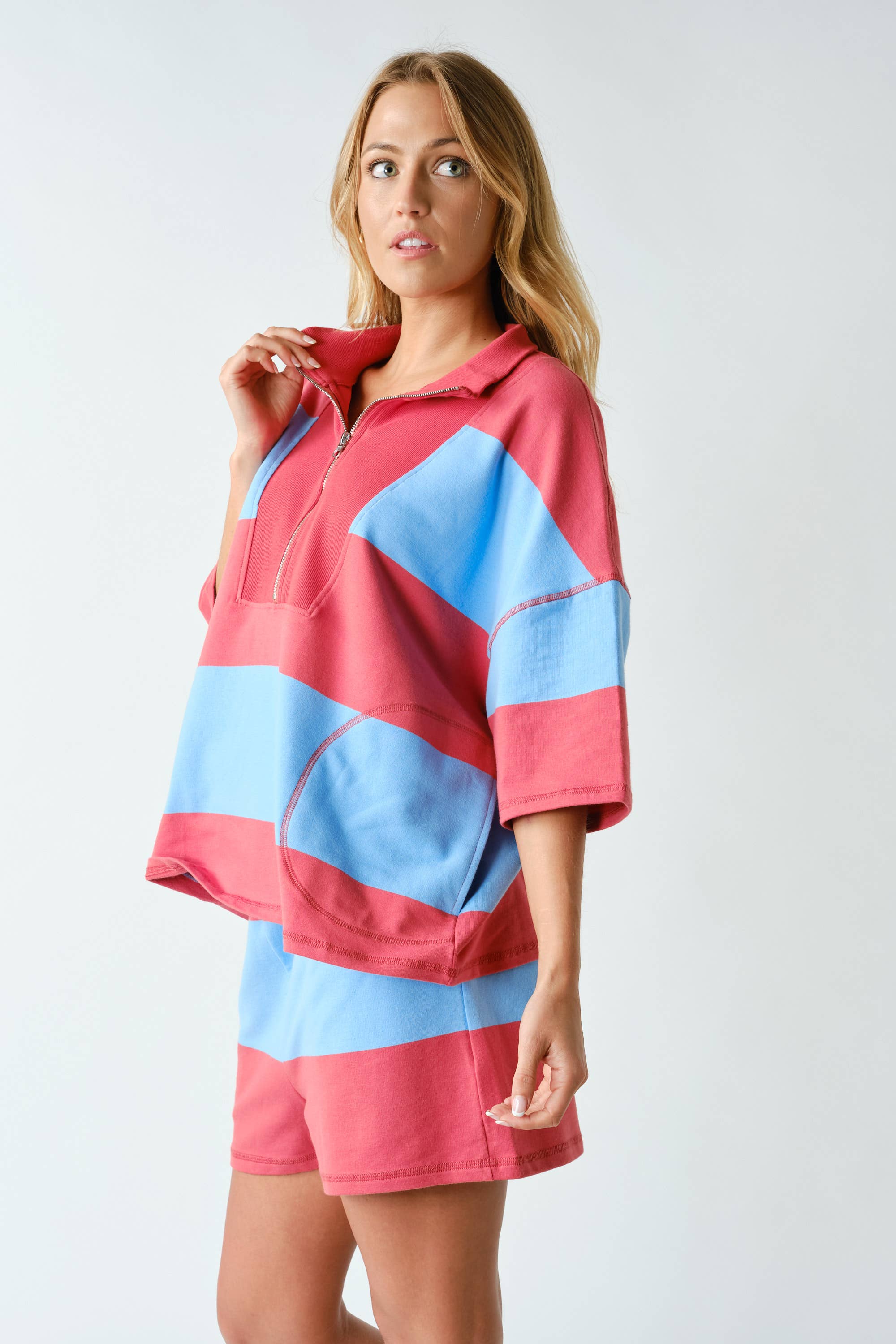 Striped Half-Zip Shorts Set