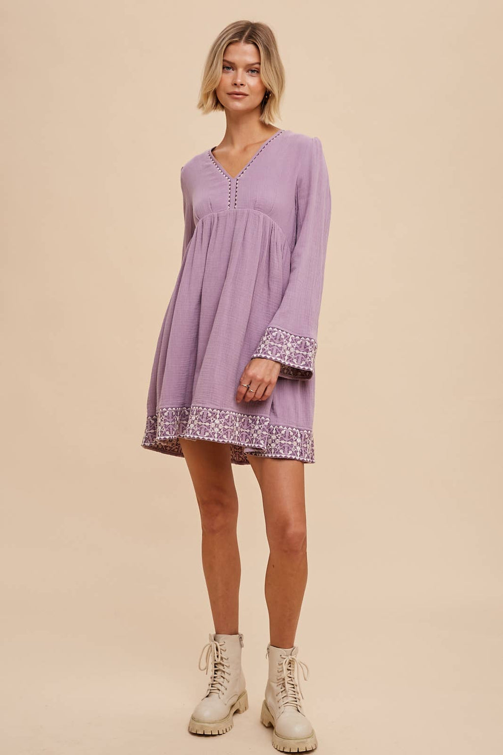 Bell Sleeve Embroidered V Neck Dress