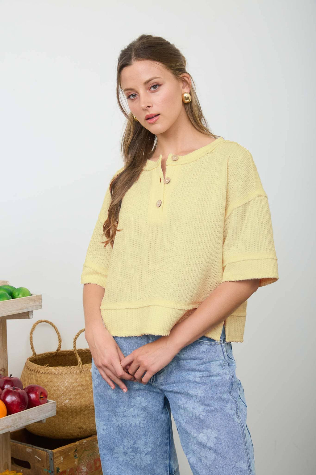 Raw Edge Henley Waffle Knit Top