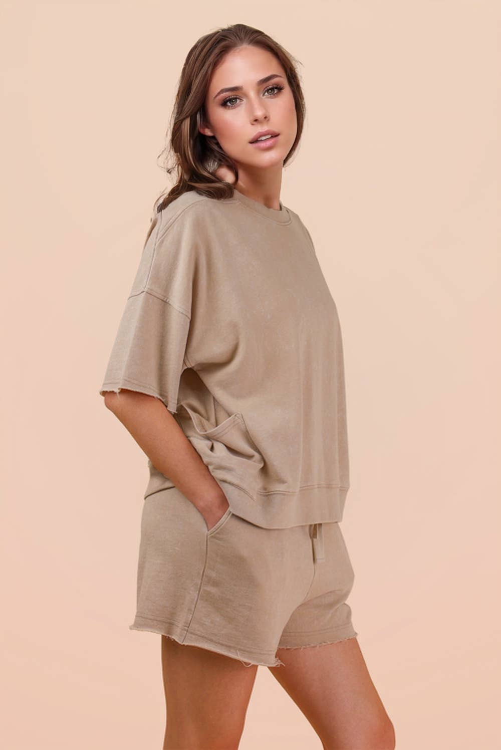 Mineral Washed Knit Casual Top & Shorts PLUS