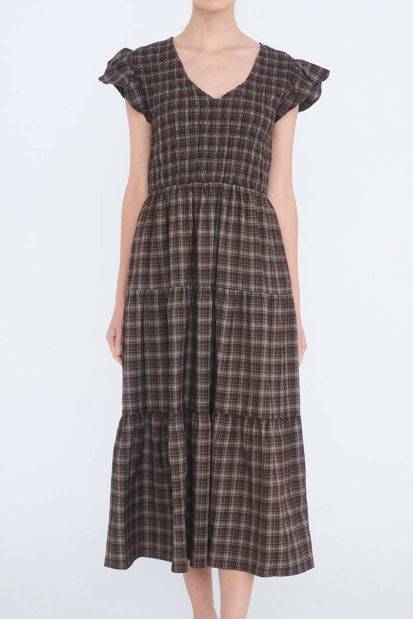 Plaid V Neck Smocked Tired Midi Dress