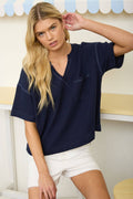 Ribbed Split Neck Boxy Knit Top Plus
