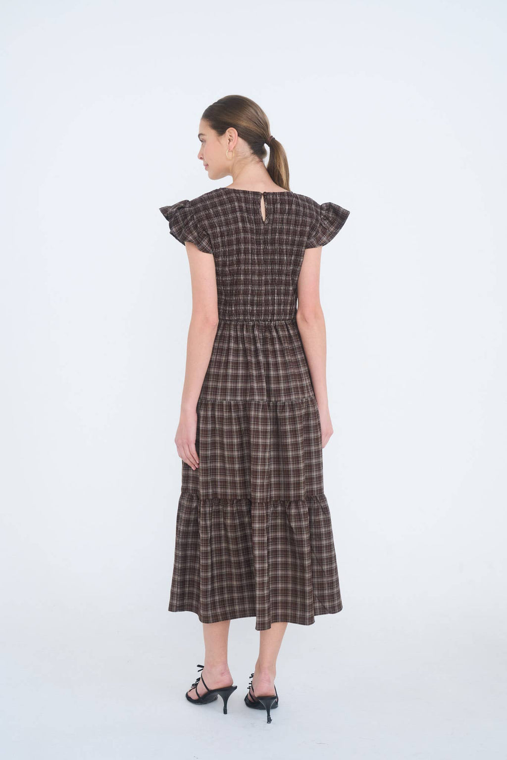 Plaid V Neck Smocked Tired Midi Dress