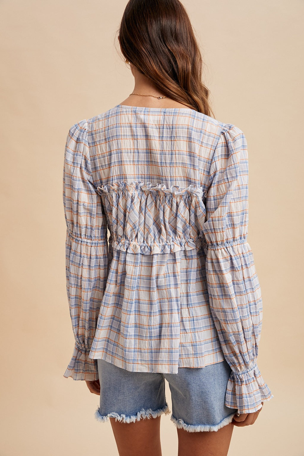 Plaid Ruching Detail Hi-lo Hem Blouse With Tie